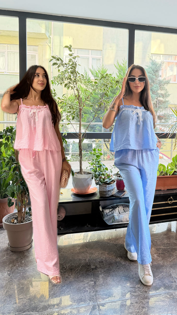 Mavi ikili dantel takım